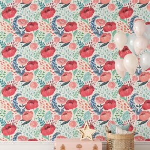 Red Floral Wallpaper – Peel and Stick Botanical Mural