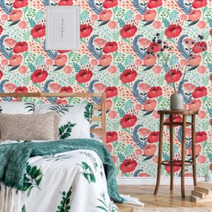 Red Floral Wallpaper – Peel and Stick Botanical Mural