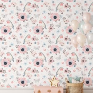 Floral Birds Wallpaper Scandinavian Light Pink Peel and