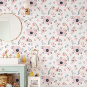 Floral Birds Wallpaper Scandinavian Light Pink Peel and