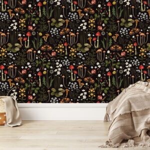 Dark Forest Peel and Stick Wallpaper: Mushroom Floral Mural