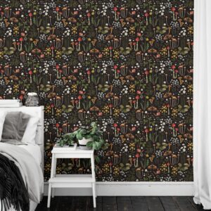 Dark Forest Peel and Stick Wallpaper: Mushroom Floral Mural