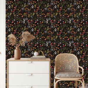 Dark Forest Peel and Stick Wallpaper: Mushroom Floral Mural