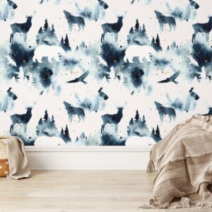 Watercolor Woodland Wallpaper Peel and Stick Blue Wild