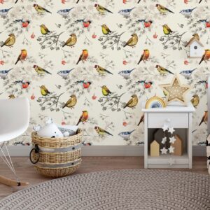 woodland birds wallpaper scandinavian peel and stick colorful removable self adhesive forest mural home decor wall art greenery, nw26