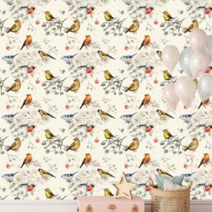 woodland birds wallpaper scandinavian peel and stick colorful removable self adhesive forest mural home decor wall art greenery, nw26