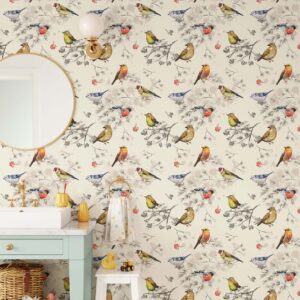 woodland birds wallpaper scandinavian peel and stick colorful removable self adhesive forest mural home decor wall art greenery, nw26