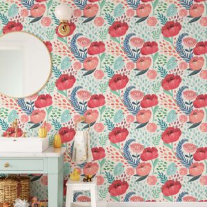 Red Floral Wallpaper – Peel and Stick Botanical Mural