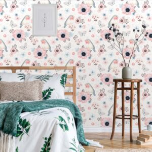 Floral Birds Wallpaper Scandinavian Light Pink Peel and