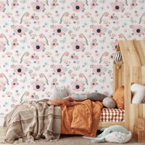 Floral Birds Wallpaper Scandinavian Light Pink Peel and