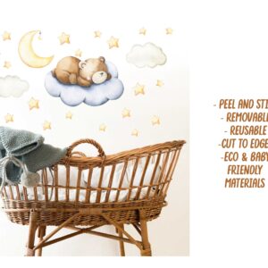 bear nursery wall decals: sleeping bear, moon, stars reusable crib decor d028