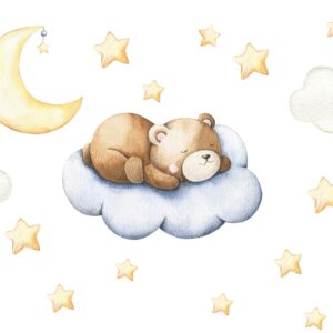 bear nursery wall decals: sleeping bear, moon, stars reusable crib decor d028