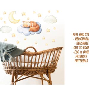 fox nursery wall decals: sleeping fox, moon, stars reusable crib decor d025