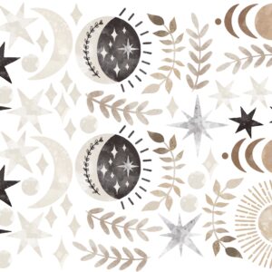 Star Moon Wall Decals: Boho Nursery Decor, Greenery Leaves