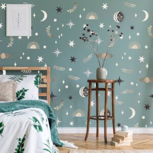 Star Moon Wall Decals: Boho Nursery Decor, Greenery Leaves