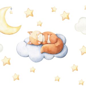 fox nursery wall decals: sleeping fox, moon, stars reusable crib decor d025