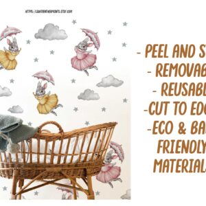 Ballerina Bunny Wall Decals: Reusable Cloud & Star Stickers