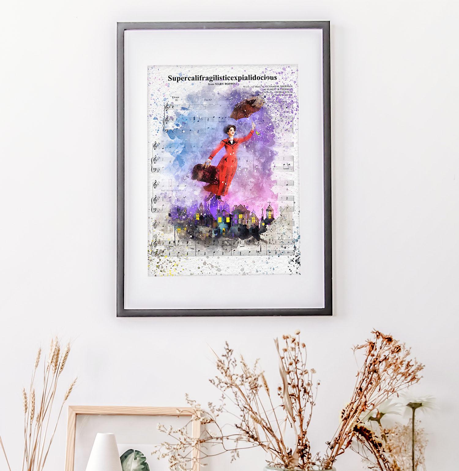 Mary Poppins watercolor poster with umbrella silhouette.jpg Mary Poppins watercolor poster with umbrella silhouette