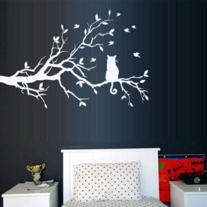 cat sitting on tree branch decoration wall decal vinyl sticker on white wall