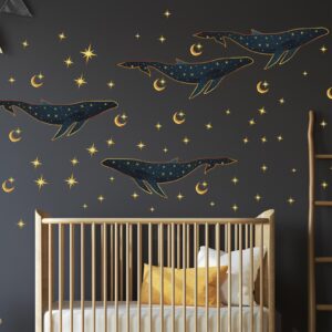 gold night whale set wall decal on white wall