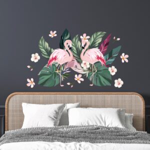 flamingo headboard palm leaves set wall decal vinyl sticker on white wall