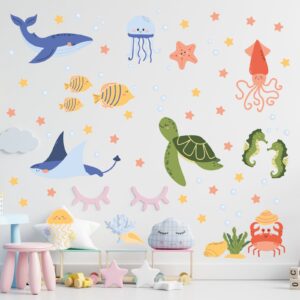 ocean animals underwater fish , bathroom decor wall decal on white wall