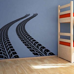 tire tracks – racing car for boys room, garage, wall decal on white wall
