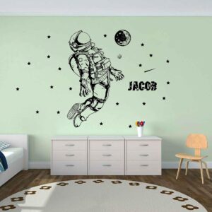 astronaut space stars personalized wall decal on white wall