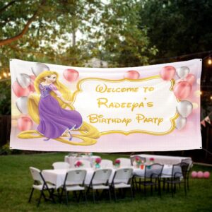 rapunzel birthday banner party personalized wall decal on white wall