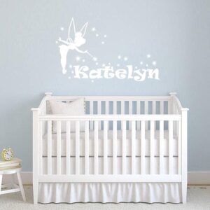 tinker bell name peter pan fairy personalized wall decal on white wall