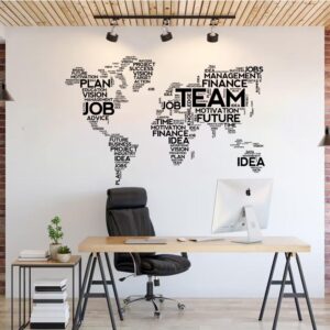 world map from business words office motivational wall decal on white wall
