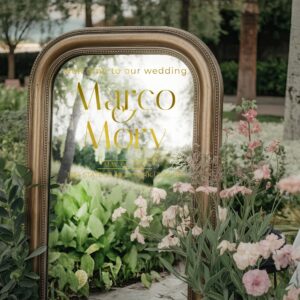 close up detail of wedding mirror names welcome sign personalized wall decal