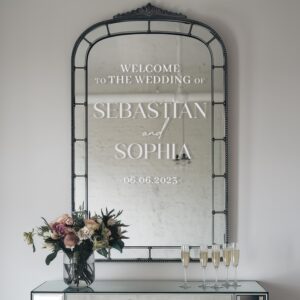 wedding mirror sign custom names personalized wall decal — full view