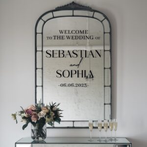 wedding mirror sign custom names personalized wall decal on white wall