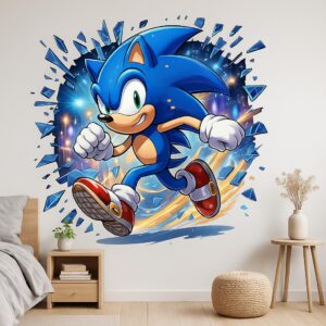 cartoon blue hedgehog kids room gaming decor wall decal on white wall