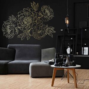 gold floral – elegant peony line art wall decal vinyl sticker on white wall