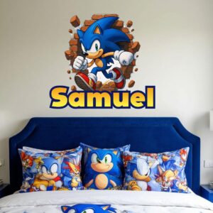 name blue hedgehog cartoon custom personalized wall decal — full view