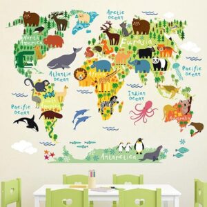 world map for kids – animal continents , wall decal on white wall
