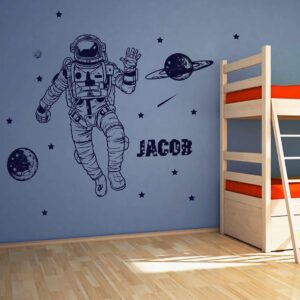 close up detail of astronaut space kids room personalized wall decal