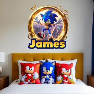 blue hedgehog cartoon kids room personalized wall decal on white wall