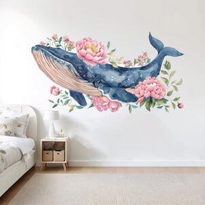 whale peonies flowers wall decal vinyl sticker on white wall