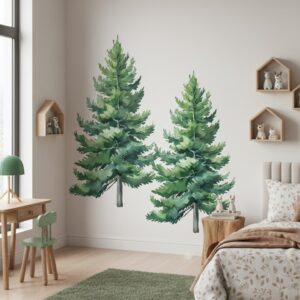 pine spruce tree watercolor peel stick woodland wall decal on white wall